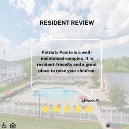a resort-style pool with a building behind it and a resident review on top