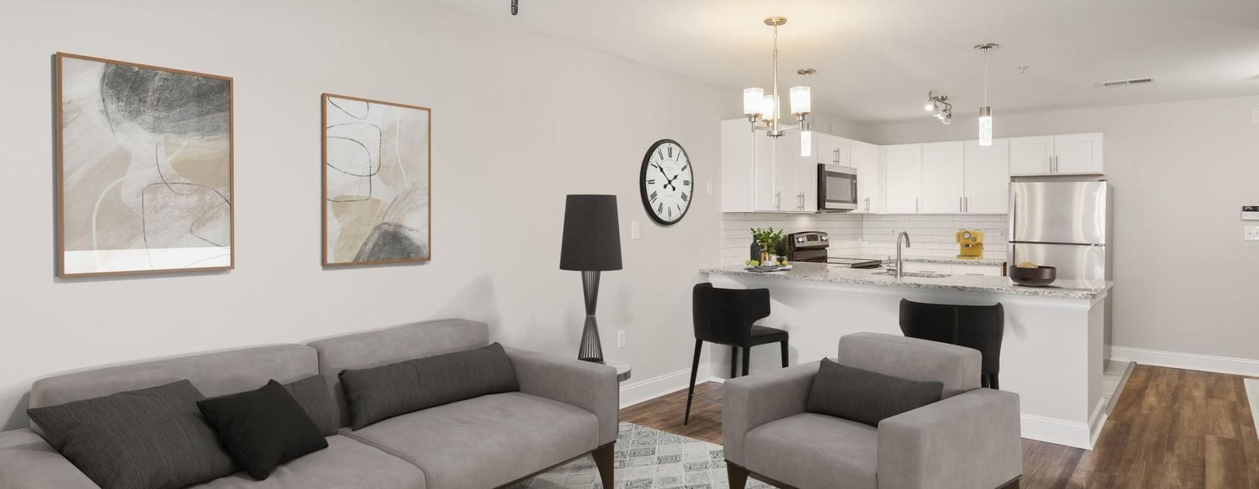 a living room with a ceiling fan