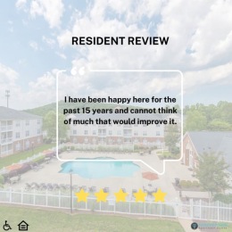 a resort-style pool with a building behind it and a resident review on top